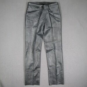 BCBG Max Azria Womens Metallic Silver Leather Straight Leg Pants Size 4 Y2K